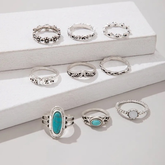 **DULCIE* 9-Pc Silver x Teal Elephant Fashion Ring Set - Picture 2 of 5